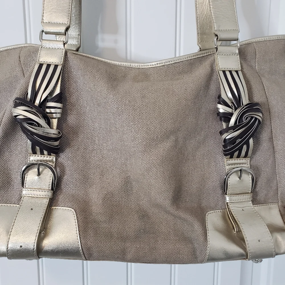 Katherine Kwei Woven Canvas Metallic And Beige Faux Leather Tote‎ Hobo Handbag